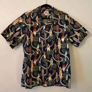 Vintage Hawaii Print Blue Surf Board Short Sleeve Button Down Shirt Cotton XL